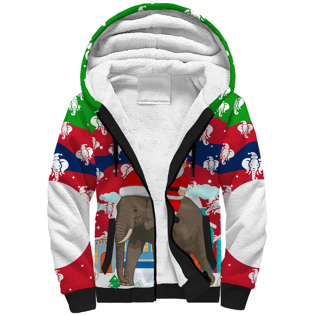 Laos Christmas Sherpa Hoodie with Santa Riding Elephant and Festive Flag Pattern - Wonder Print Shop