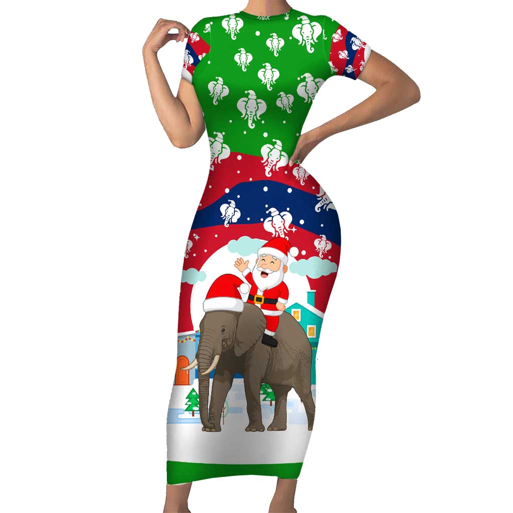 Laos Christmas Short Sleeve Bodycon Dress with Santa Riding Elephant and Festive Flag Pattern - Wonder Print Shop