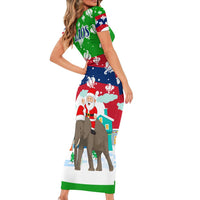 Laos Christmas Short Sleeve Bodycon Dress with Santa Riding Elephant and Festive Flag Pattern - Wonder Print Shop