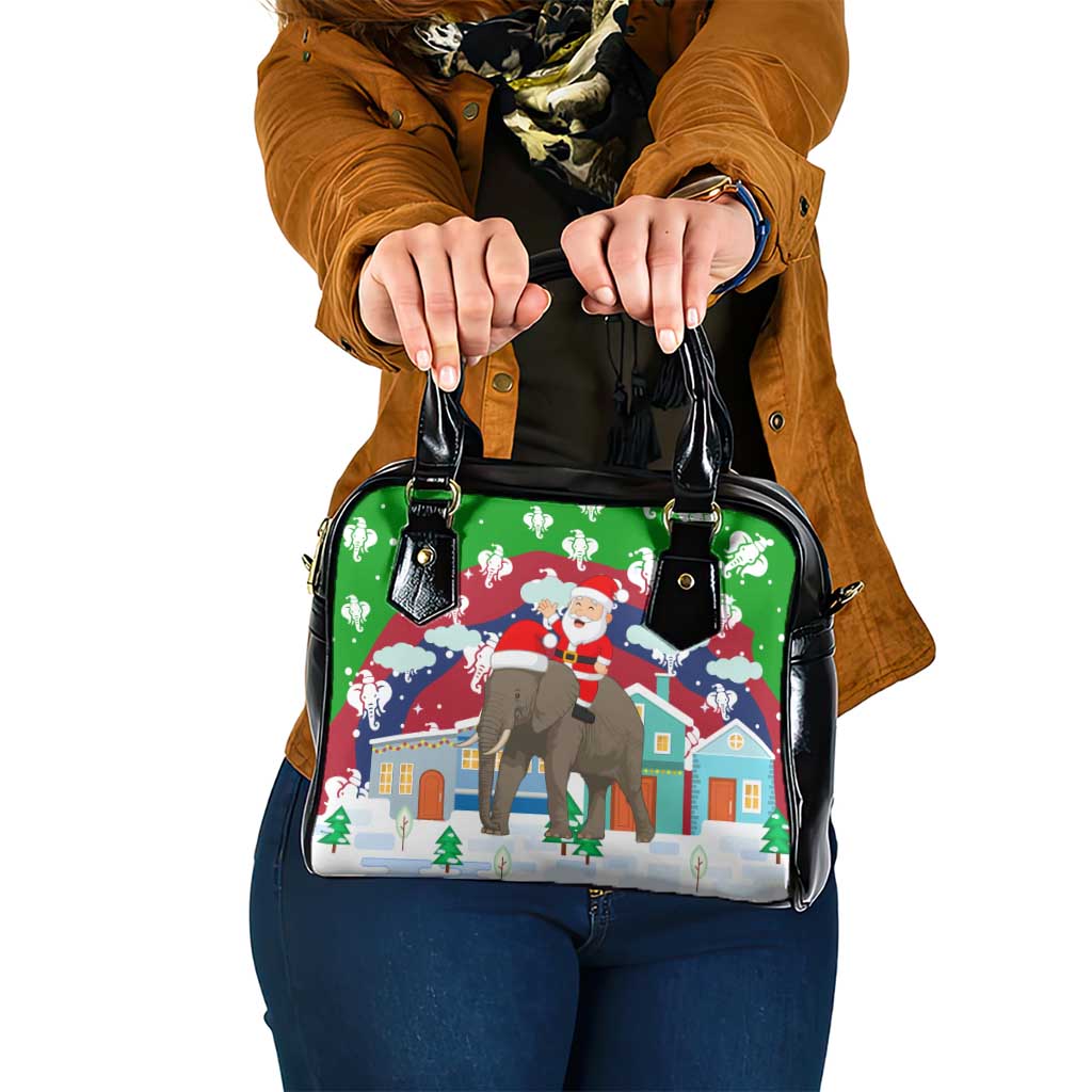 Laos Christmas Shoulder Handbag with Santa Riding Elephant and Festive Flag Pattern - Wonder Print Shop