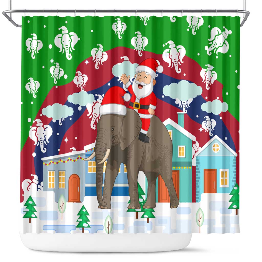 Laos Christmas Shower Curtain with Santa Riding Elephant and Festive Flag Pattern - Wonder Print Shop