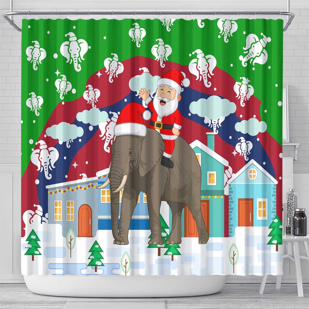 Laos Christmas Shower Curtain with Santa Riding Elephant and Festive Flag Pattern - Wonder Print Shop