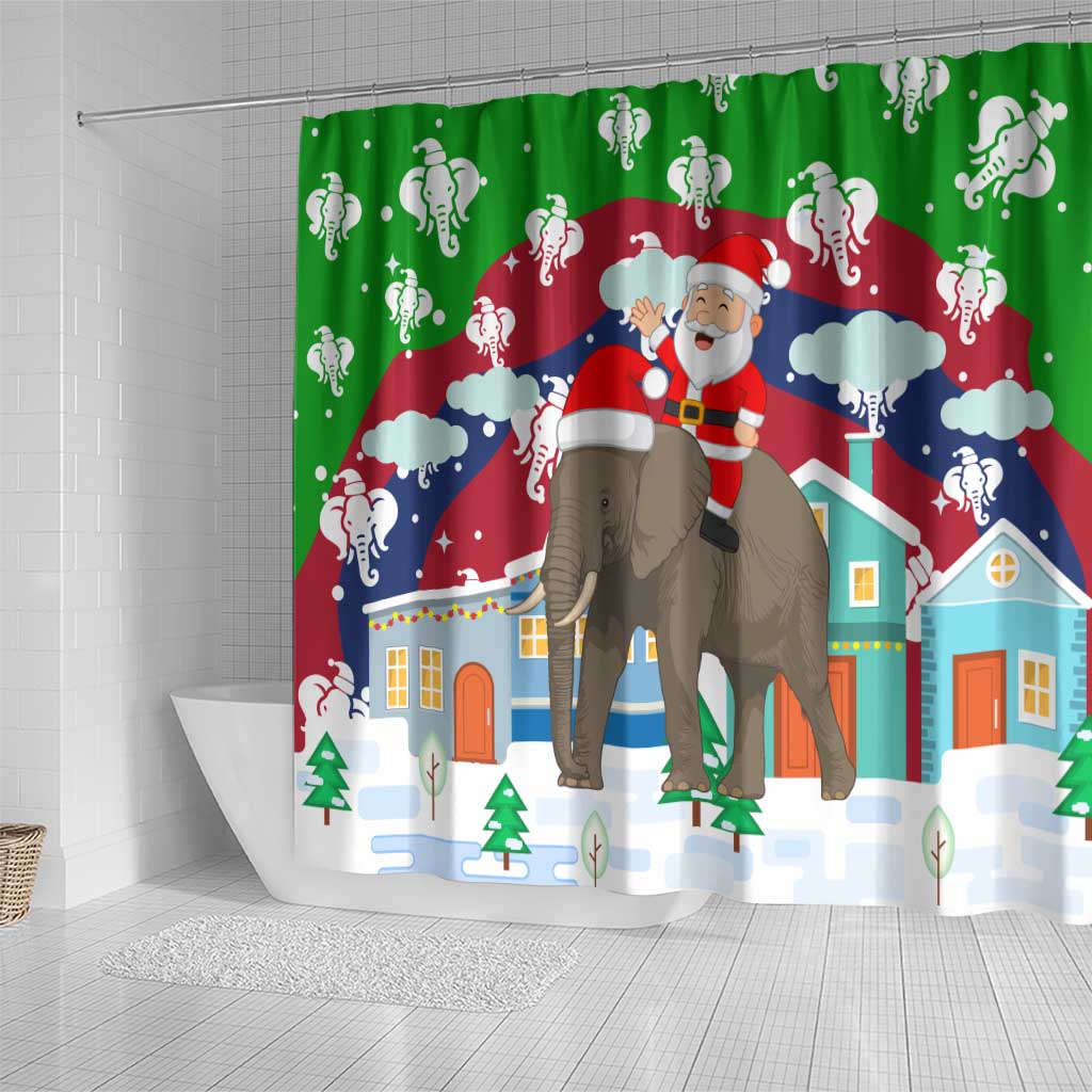 Laos Christmas Shower Curtain with Santa Riding Elephant and Festive Flag Pattern - Wonder Print Shop