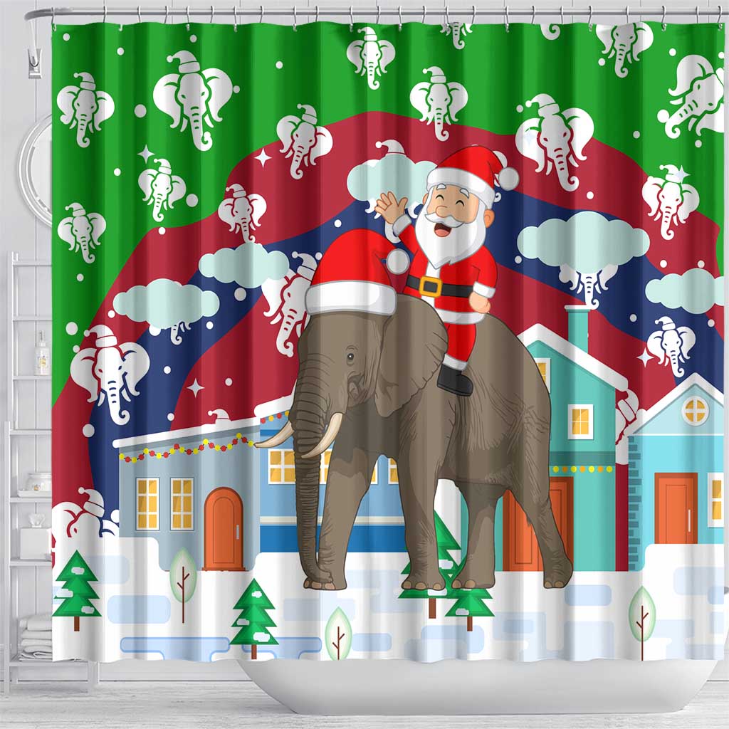 Laos Christmas Shower Curtain with Santa Riding Elephant and Festive Flag Pattern - Wonder Print Shop