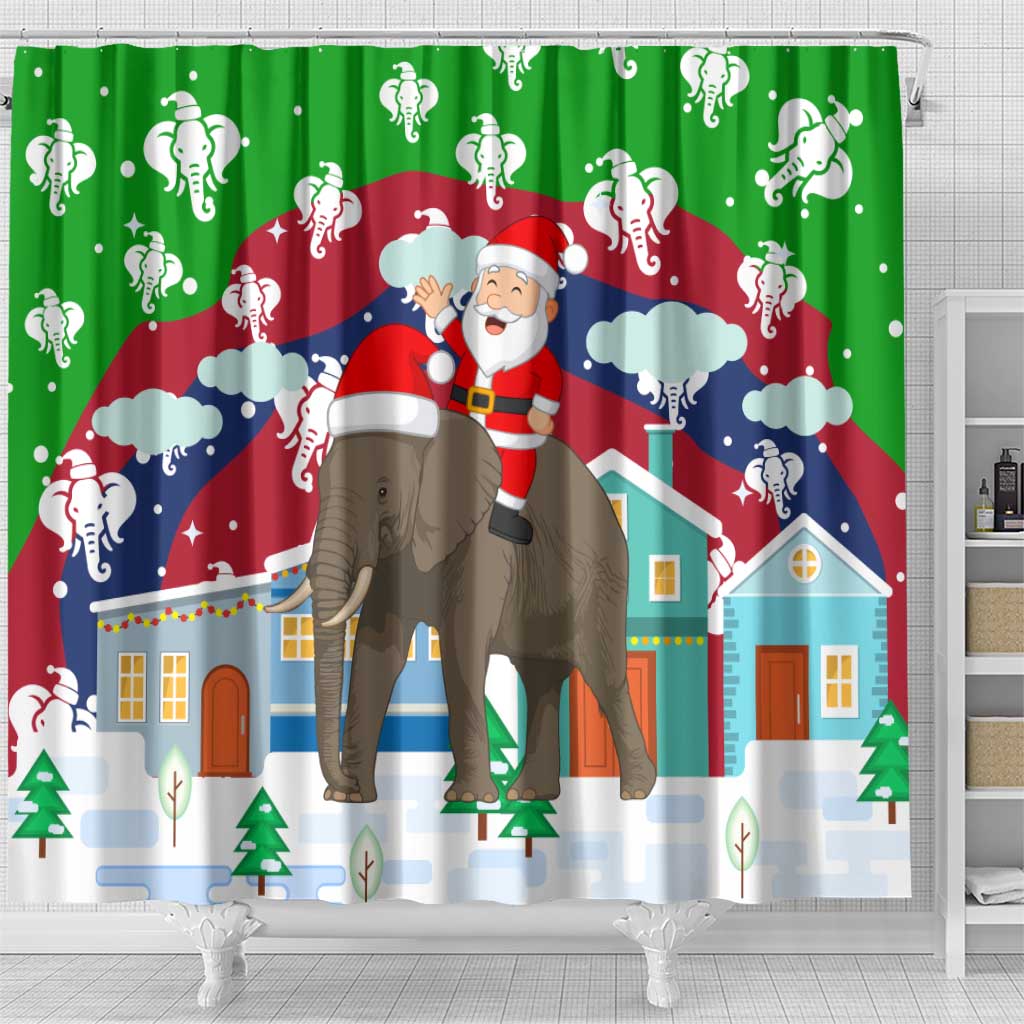 Laos Christmas Shower Curtain with Santa Riding Elephant and Festive Flag Pattern - Wonder Print Shop