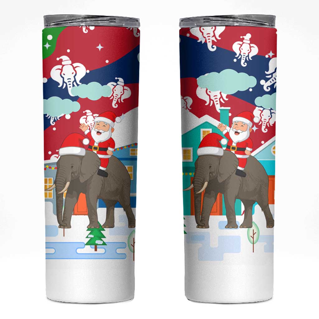Laos Christmas Skinny Tumbler with Santa Riding Elephant and Festive Flag Pattern - Wonder Print Shop