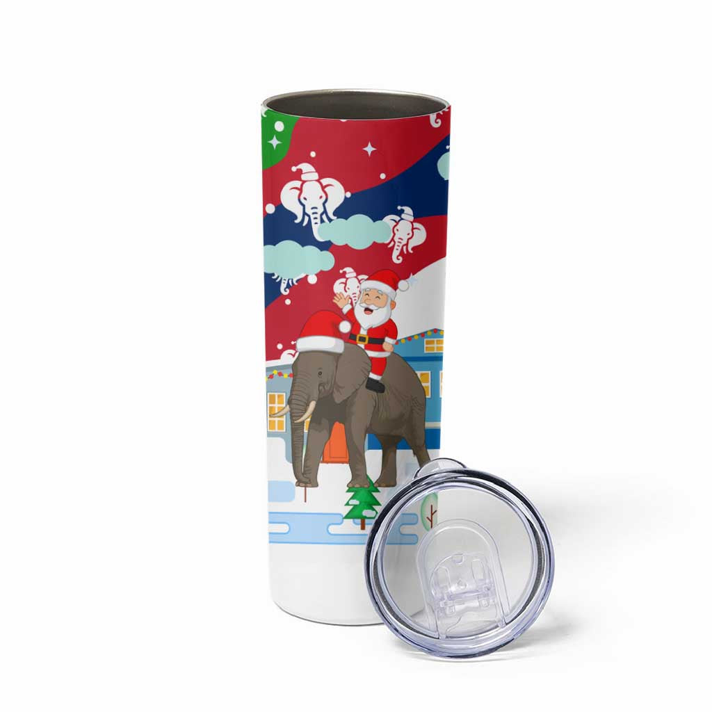 Laos Christmas Skinny Tumbler with Santa Riding Elephant and Festive Flag Pattern - Wonder Print Shop