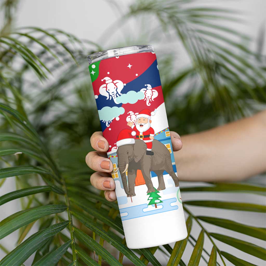 Laos Christmas Skinny Tumbler with Santa Riding Elephant and Festive Flag Pattern - Wonder Print Shop