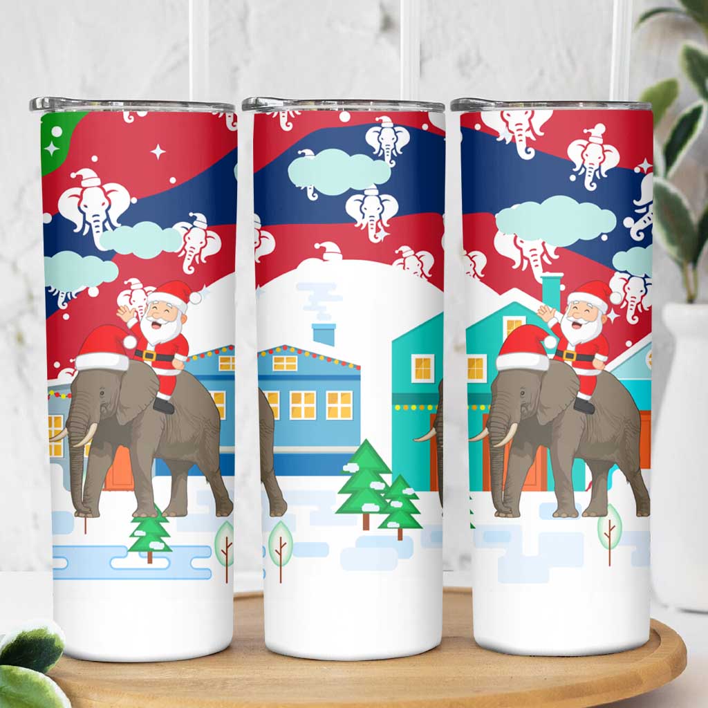 Laos Christmas Skinny Tumbler with Santa Riding Elephant and Festive Flag Pattern - Wonder Print Shop