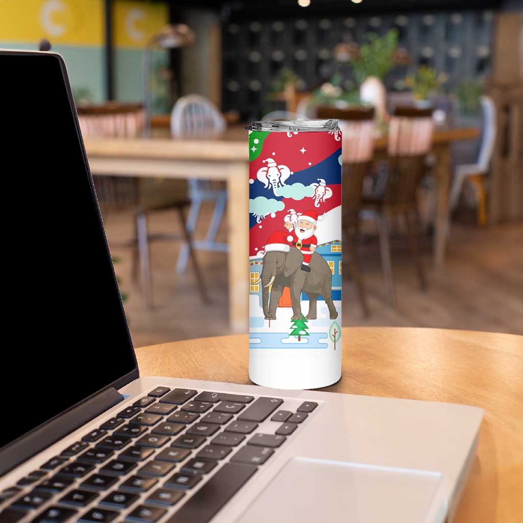 Laos Christmas Skinny Tumbler with Santa Riding Elephant and Festive Flag Pattern - Wonder Print Shop