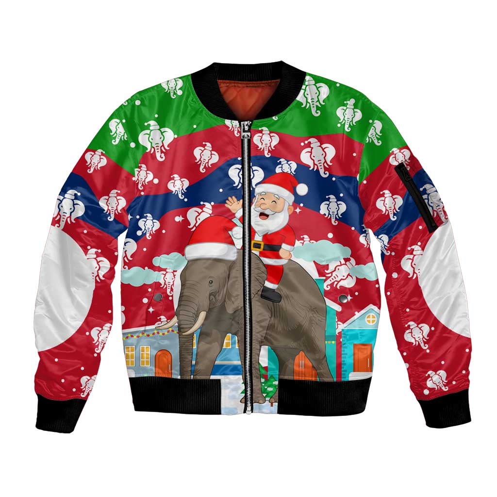 Laos Christmas Sleeve Zip Bomber Jacket with Santa Riding Elephant and Festive Flag Pattern - Wonder Print Shop