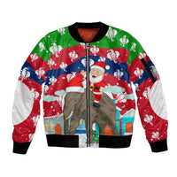 Laos Christmas Sleeve Zip Bomber Jacket with Santa Riding Elephant and Festive Flag Pattern - Wonder Print Shop