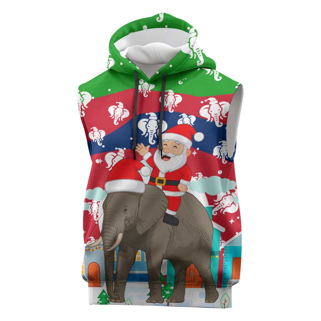 Laos Christmas Sleeveless Hoodie with Santa Riding Elephant and Festive Flag Pattern - Wonder Print Shop
