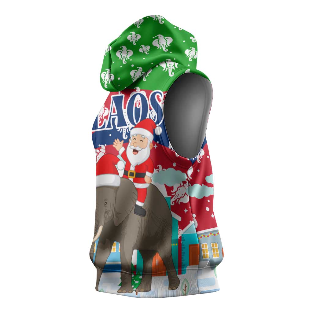 Laos Christmas Sleeveless Hoodie with Santa Riding Elephant and Festive Flag Pattern - Wonder Print Shop