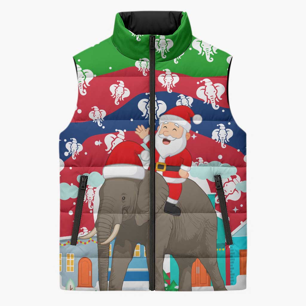 Laos Christmas Sleeveless Puffer Jacket with Santa Riding Elephant and Festive Flag Pattern - undefined