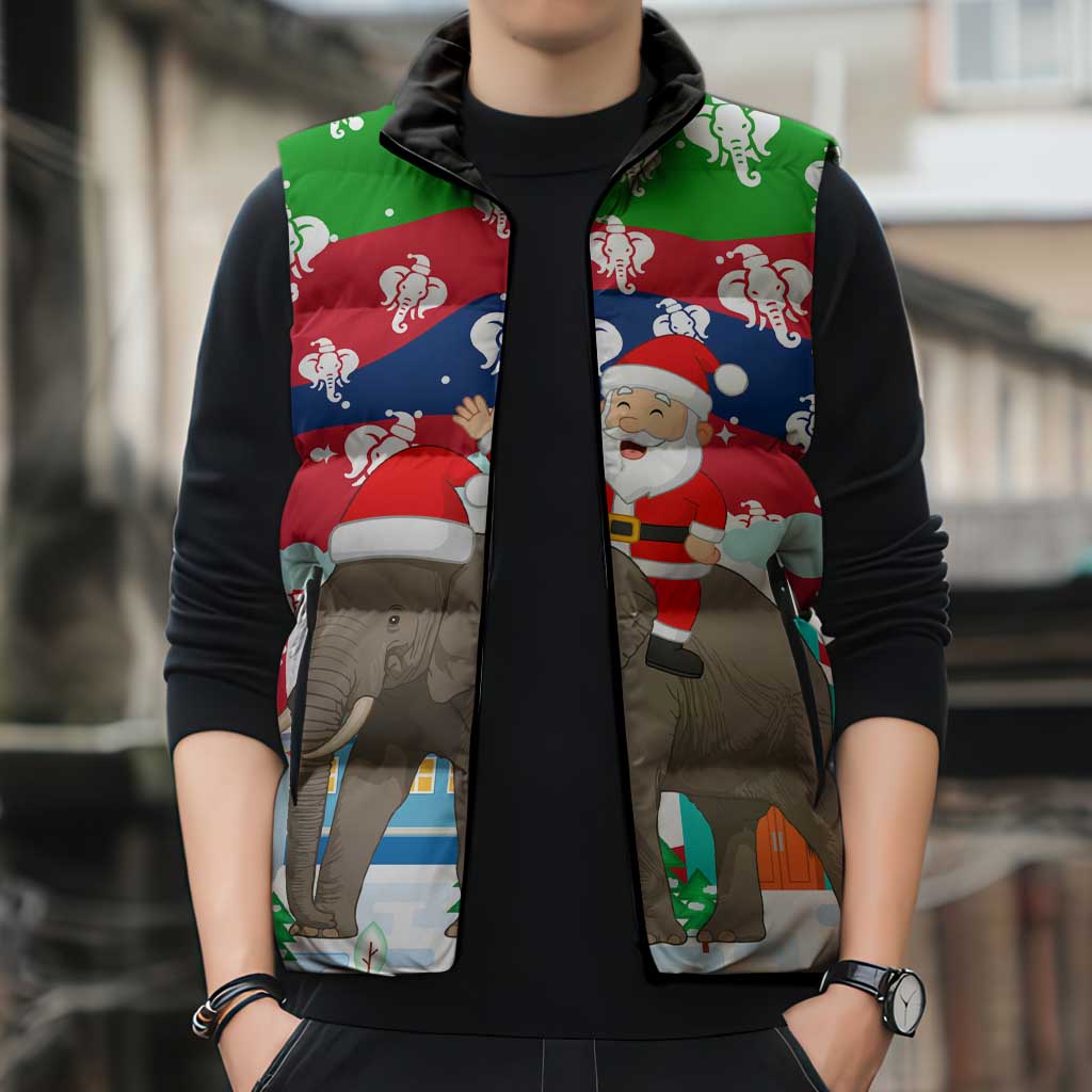 Laos Christmas Sleeveless Puffer Jacket with Santa Riding Elephant and Festive Flag Pattern - undefined