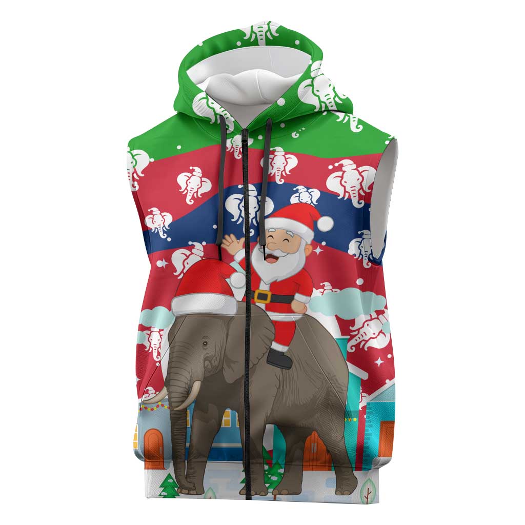 Laos Christmas Sleeveless Zip Hoodie with Santa Riding Elephant and Festive Flag Pattern - Wonder Print Shop