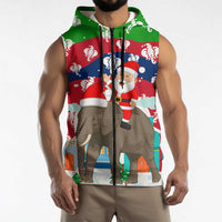 Laos Christmas Sleeveless Zip Hoodie with Santa Riding Elephant and Festive Flag Pattern - Wonder Print Shop