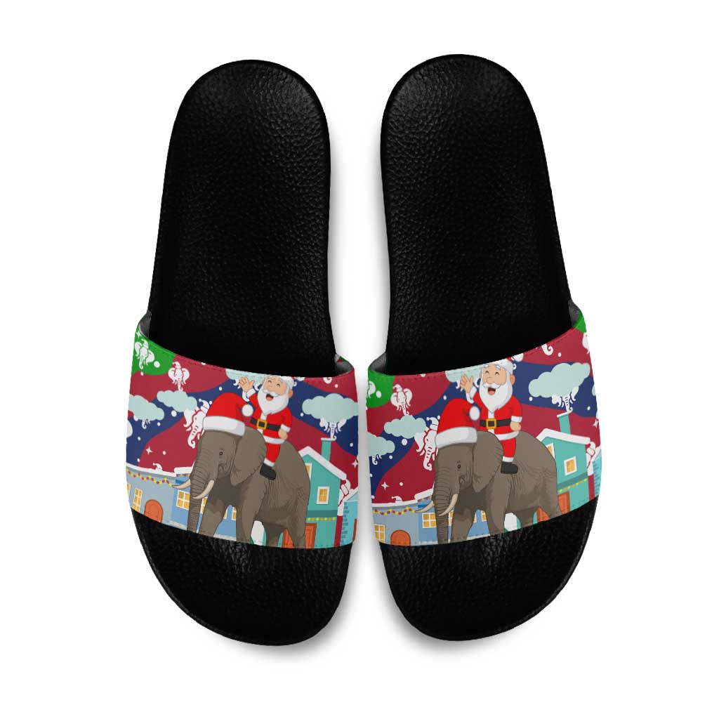 Laos Christmas Slide Sandals with Santa Riding Elephant and Festive Flag Pattern - Wonder Print Shop