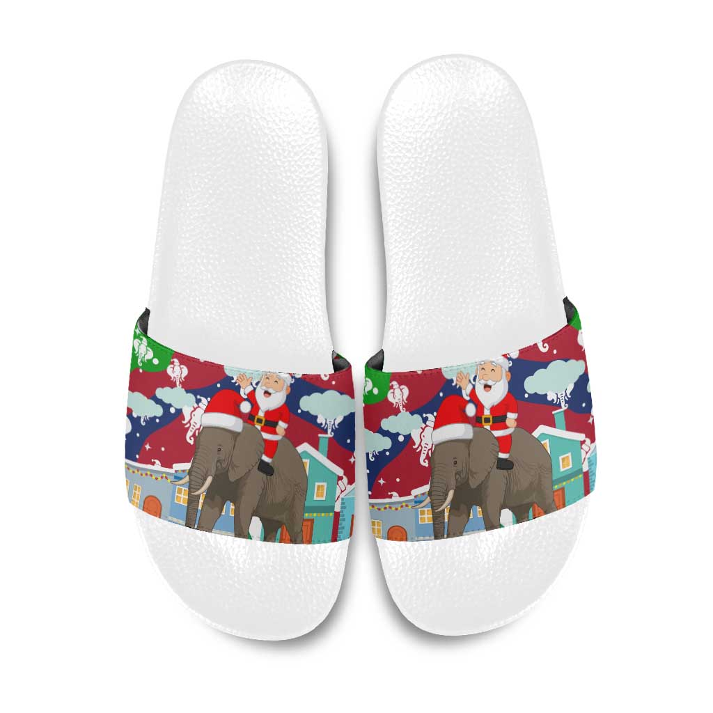 Laos Christmas Slide Sandals with Santa Riding Elephant and Festive Flag Pattern - Wonder Print Shop