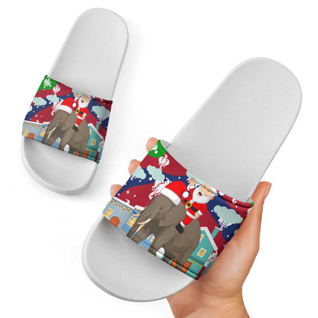 Laos Christmas Slide Sandals with Santa Riding Elephant and Festive Flag Pattern - Wonder Print Shop