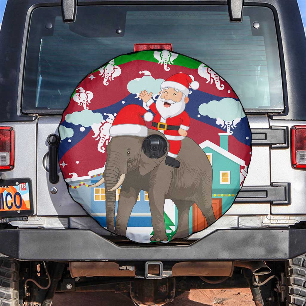 Laos Christmas Spare Tire Cover with Santa Riding Elephant and Festive Flag Pattern - Wonder Print Shop