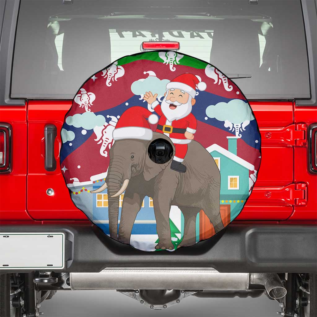 Laos Christmas Spare Tire Cover with Santa Riding Elephant and Festive Flag Pattern - Wonder Print Shop