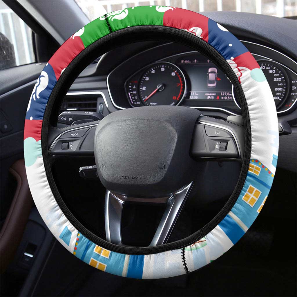 Laos Christmas Steering Wheel Cover with Santa Riding Elephant and Festive Flag Pattern - Wonder Print Shop