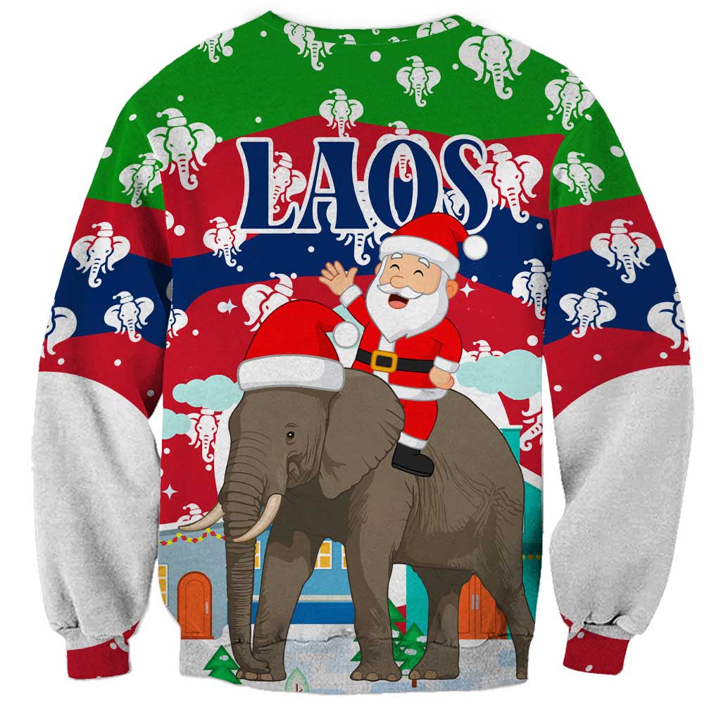 Laos Christmas Sweatshirt with Santa Riding Elephant and Festive Flag Pattern - Wonder Print Shop