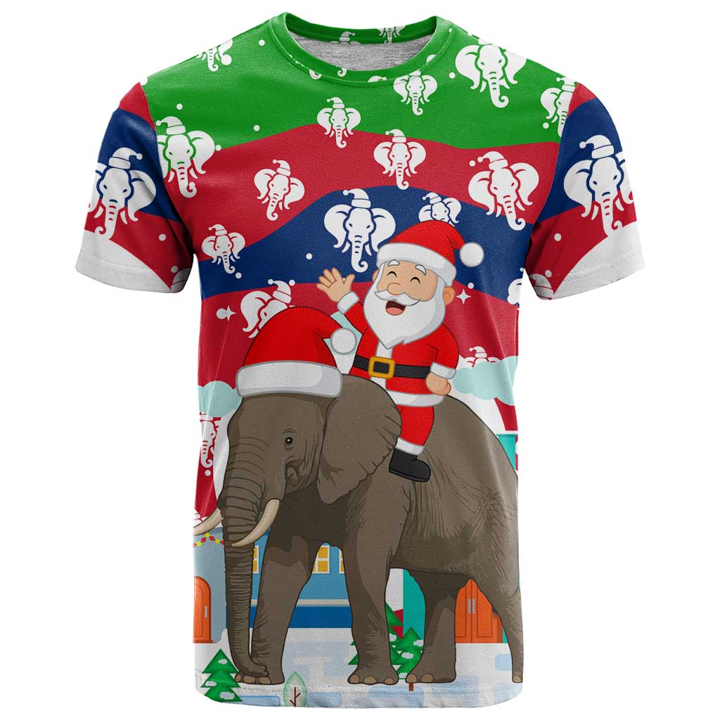 Laos Christmas T Shirt with Santa Riding Elephant and Festive Flag Pattern - Wonder Print Shop