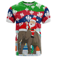 Laos Christmas T Shirt with Santa Riding Elephant and Festive Flag Pattern - Wonder Print Shop