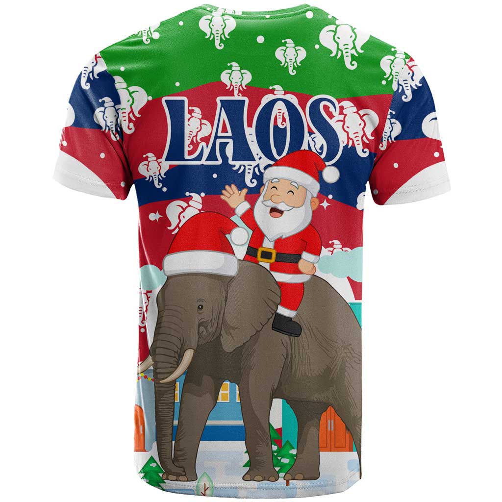 Laos Christmas T Shirt with Santa Riding Elephant and Festive Flag Pattern - Wonder Print Shop
