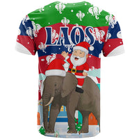 Laos Christmas T Shirt with Santa Riding Elephant and Festive Flag Pattern - Wonder Print Shop
