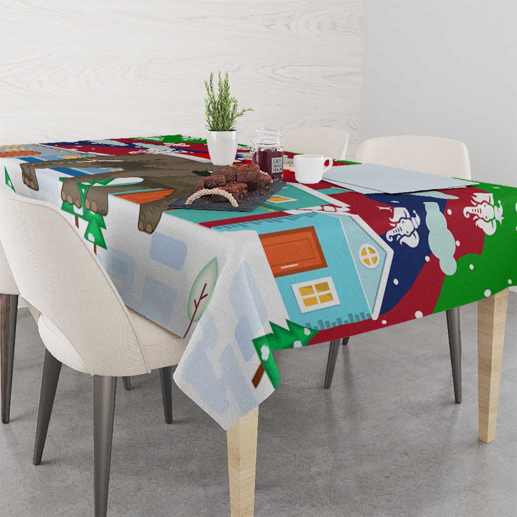 Laos Christmas Tablecloth with Santa Riding Elephant and Festive Flag Pattern - Wonder Print Shop