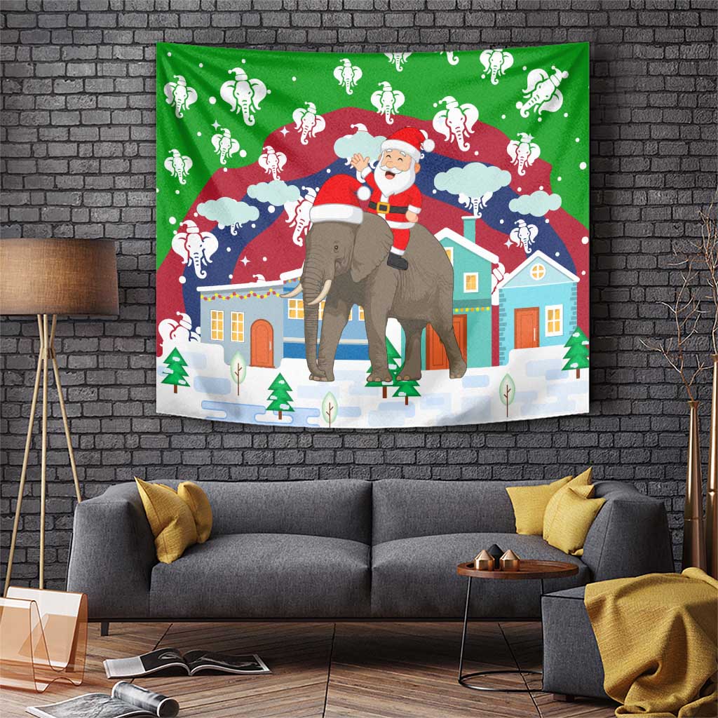 Laos Christmas Tapestry with Santa Riding Elephant and Festive Flag Pattern - Wonder Print Shop