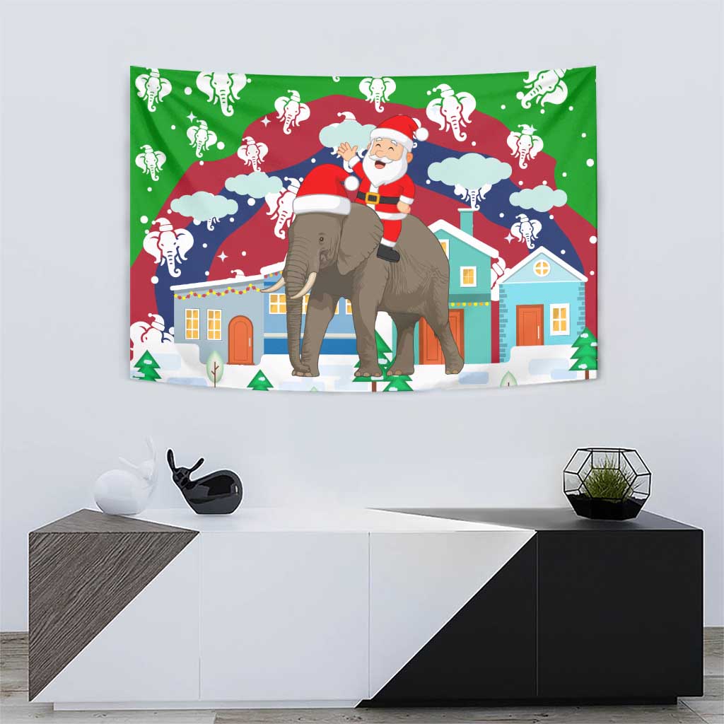 Laos Christmas Tapestry with Santa Riding Elephant and Festive Flag Pattern - Wonder Print Shop