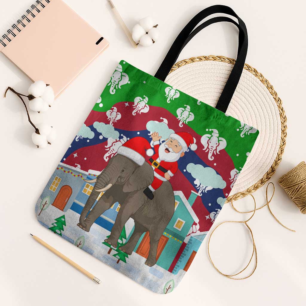 Laos Christmas Tote Bag with Santa Riding Elephant and Festive Flag Pattern - Wonder Print Shop