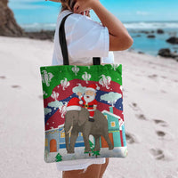 Laos Christmas Tote Bag with Santa Riding Elephant and Festive Flag Pattern - Wonder Print Shop