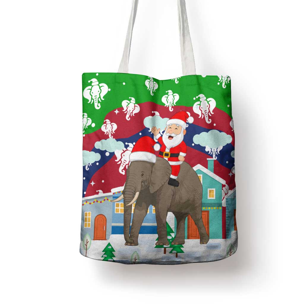 Laos Christmas Tote Bag with Santa Riding Elephant and Festive Flag Pattern - Wonder Print Shop