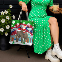 Laos Christmas Tote Bag with Santa Riding Elephant and Festive Flag Pattern - Wonder Print Shop