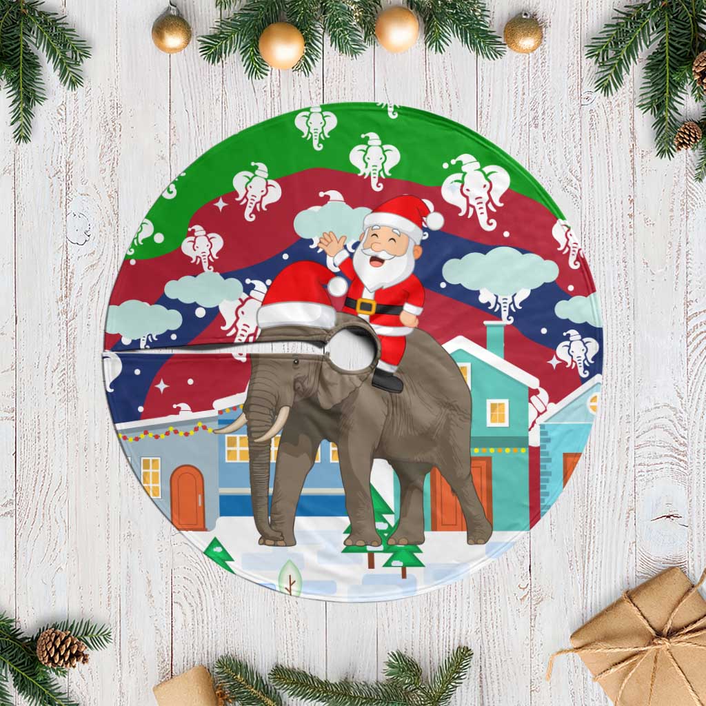 Laos Christmas Tree Skirt with Santa Riding Elephant and Festive Flag Pattern - Wonder Print Shop