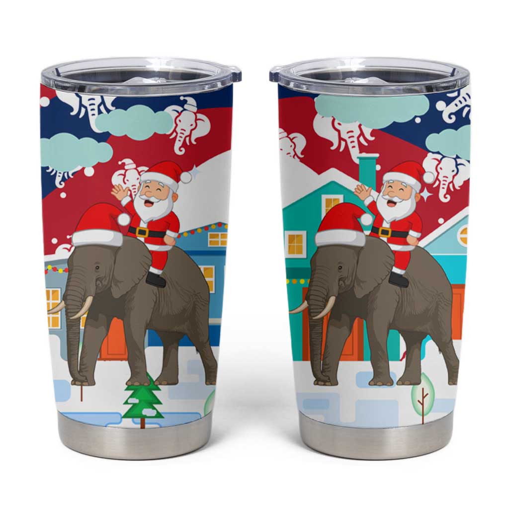 Laos Christmas Tumbler Cup with Santa Riding Elephant and Festive Flag Pattern - Wonder Print Shop