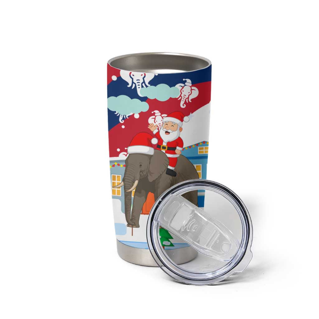 Laos Christmas Tumbler Cup with Santa Riding Elephant and Festive Flag Pattern - Wonder Print Shop