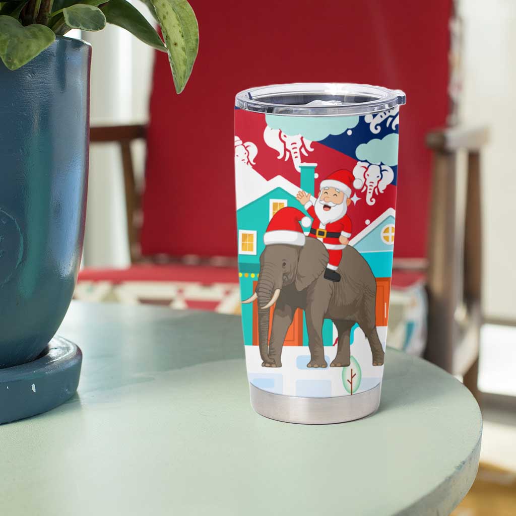 Laos Christmas Tumbler Cup with Santa Riding Elephant and Festive Flag Pattern - Wonder Print Shop