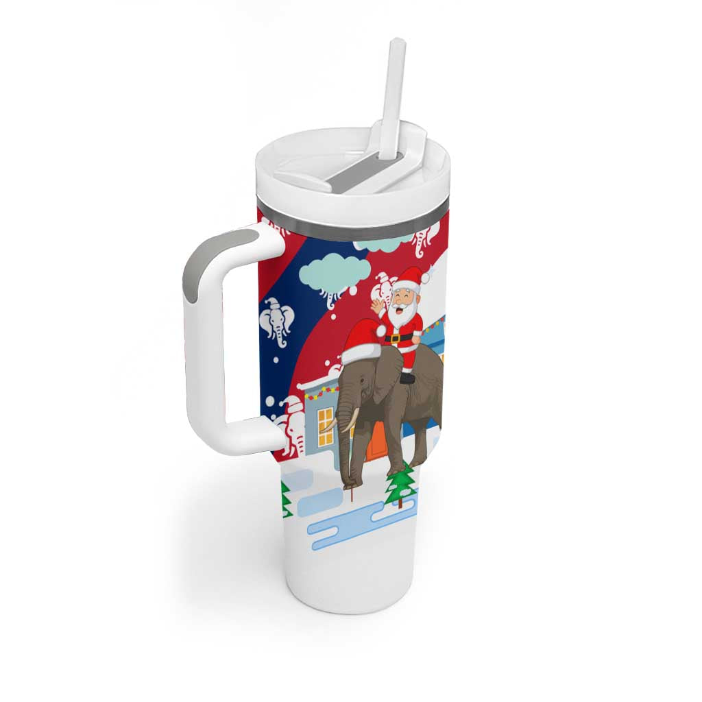 Laos Christmas Tumbler With Handle with Santa Riding Elephant and Festive Flag Pattern - Wonder Print Shop