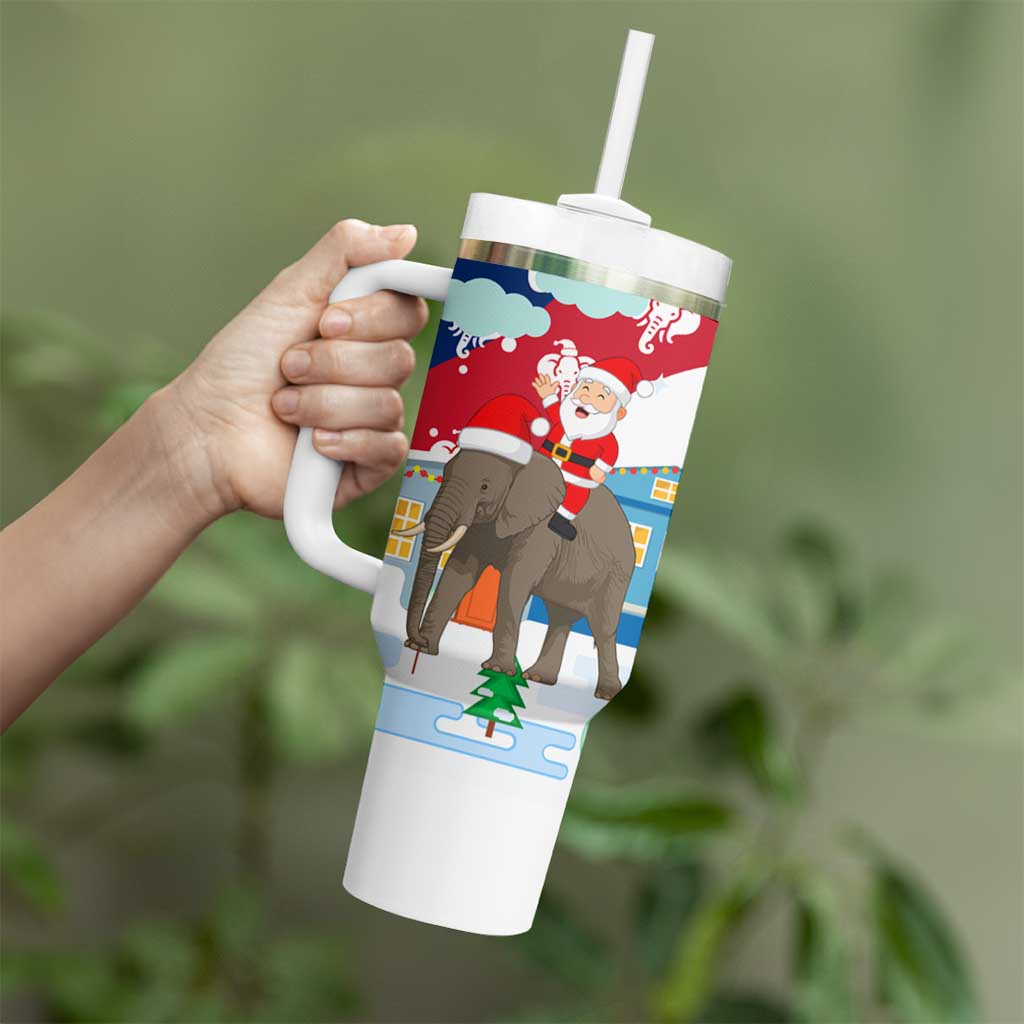 Laos Christmas Tumbler With Handle with Santa Riding Elephant and Festive Flag Pattern - Wonder Print Shop