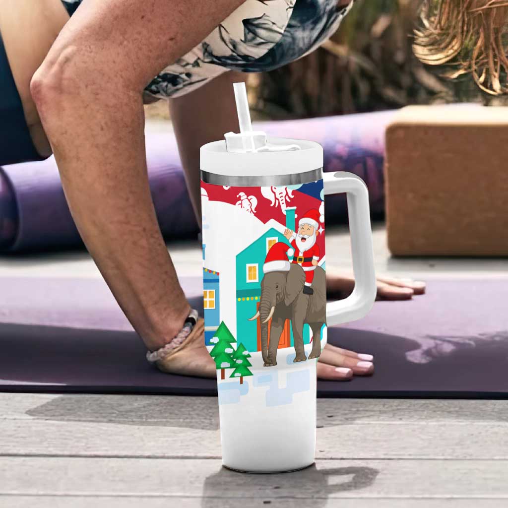 Laos Christmas Tumbler With Handle with Santa Riding Elephant and Festive Flag Pattern - Wonder Print Shop