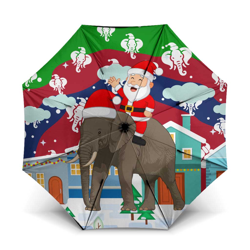 Laos Christmas Umbrella with Santa Riding Elephant and Festive Flag Pattern - Wonder Print Shop