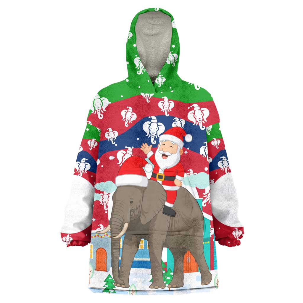 Laos Christmas Wearable Blanket Hoodie with Santa Riding Elephant and Festive Flag Pattern - Wonder Print Shop