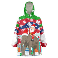 Laos Christmas Wearable Blanket Hoodie with Santa Riding Elephant and Festive Flag Pattern - Wonder Print Shop